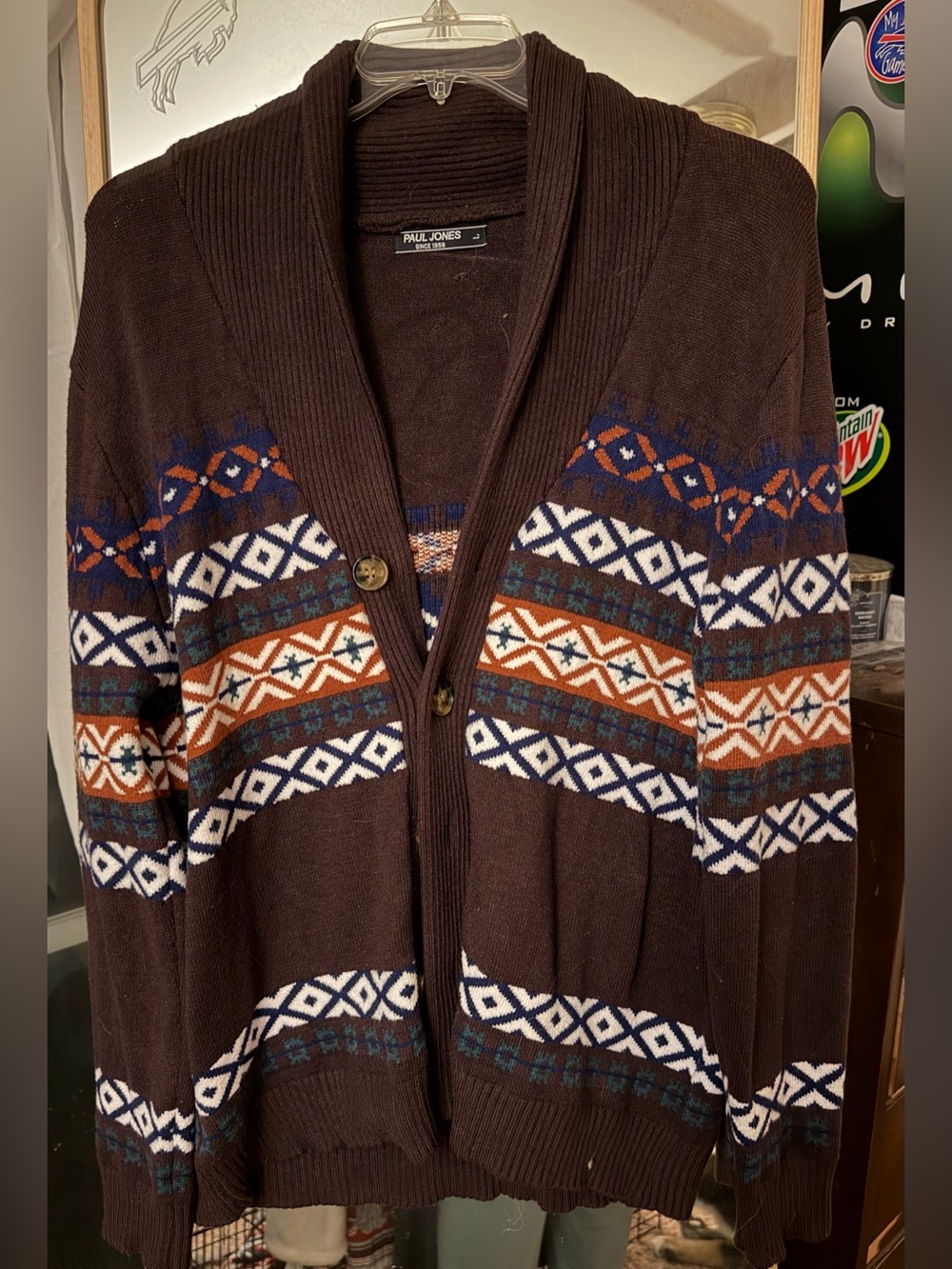 Paul Jones Brown Shawl Collar Fair Isle Cardigan
